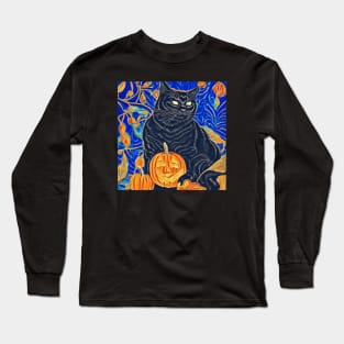 Retro Black Cat And Jack O Lantern Long Sleeve T-Shirt